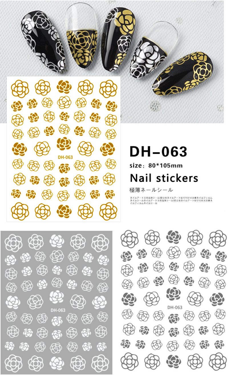 Nail art 3D stickers Adhesive Decals White Black Gold Rose Flower DH63 DIY NS53