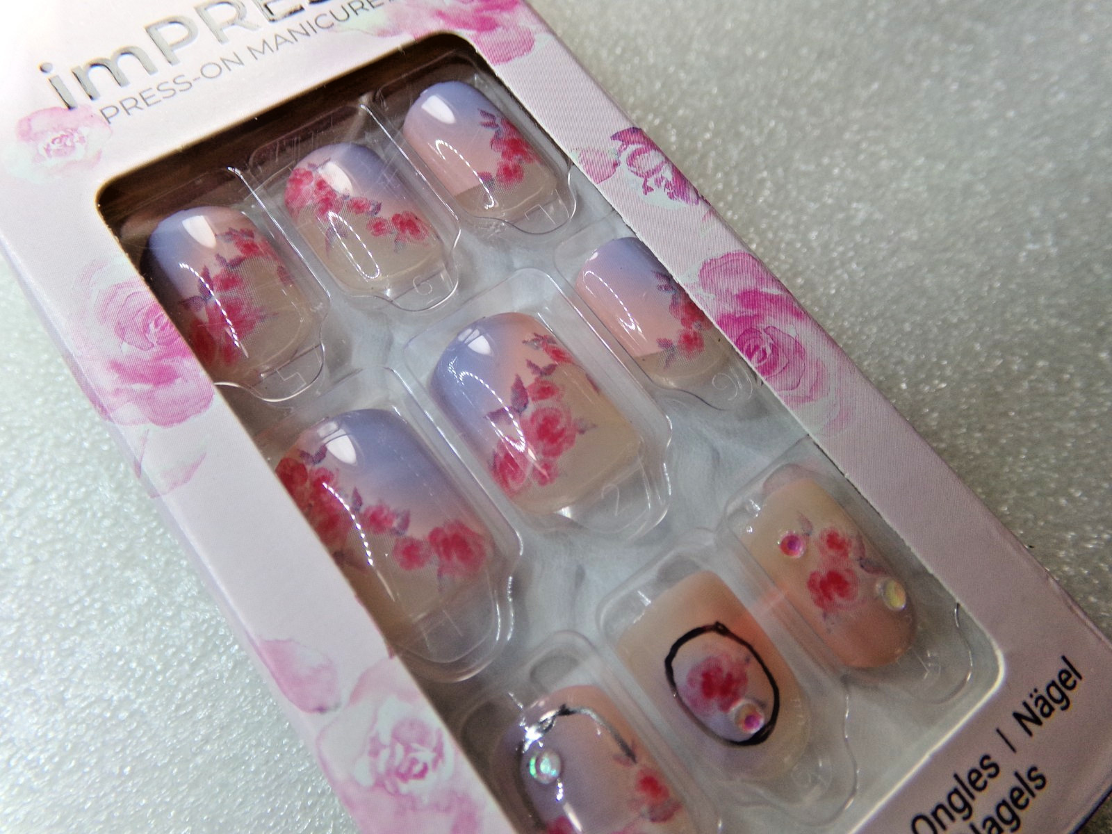 IMPRESS NAILS PRESS ON Short – Shiny Light Blue & Pink with Flowers