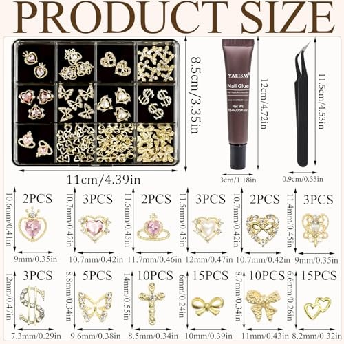 12 Grids Gold Nail Charms Kits Crystal Heart Nail Charms Sparkly Dollar Pink