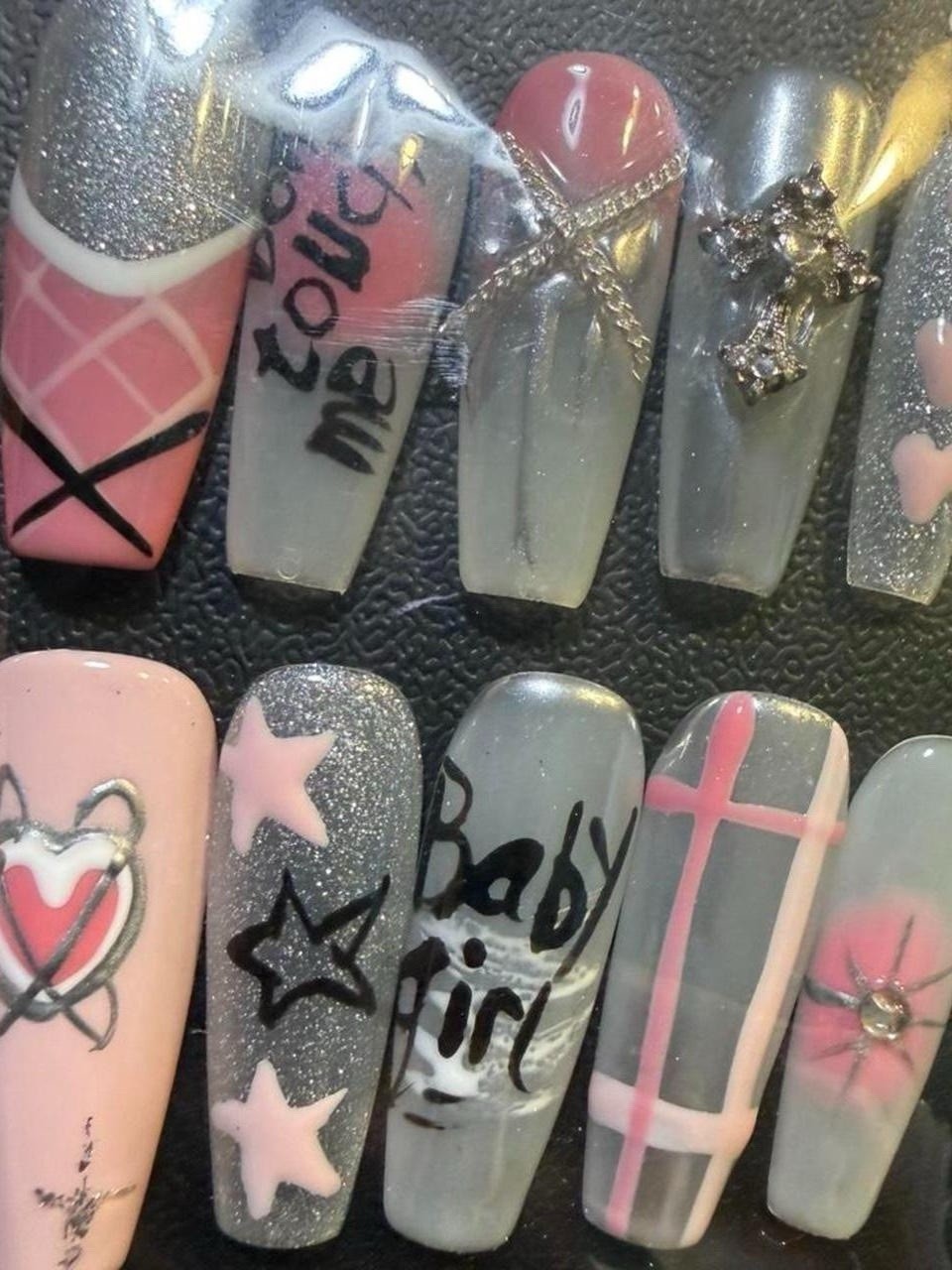Handmade Full Acrylic Nails Pink Baby Girl Bow Star Glitter Medium Coffin