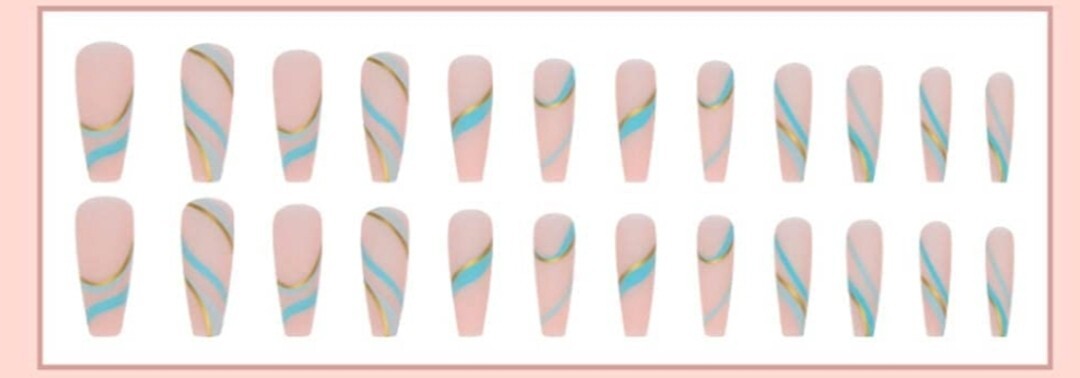 24 Long Nude Turquoise swirl gold Press on nails set matte coffin blue green