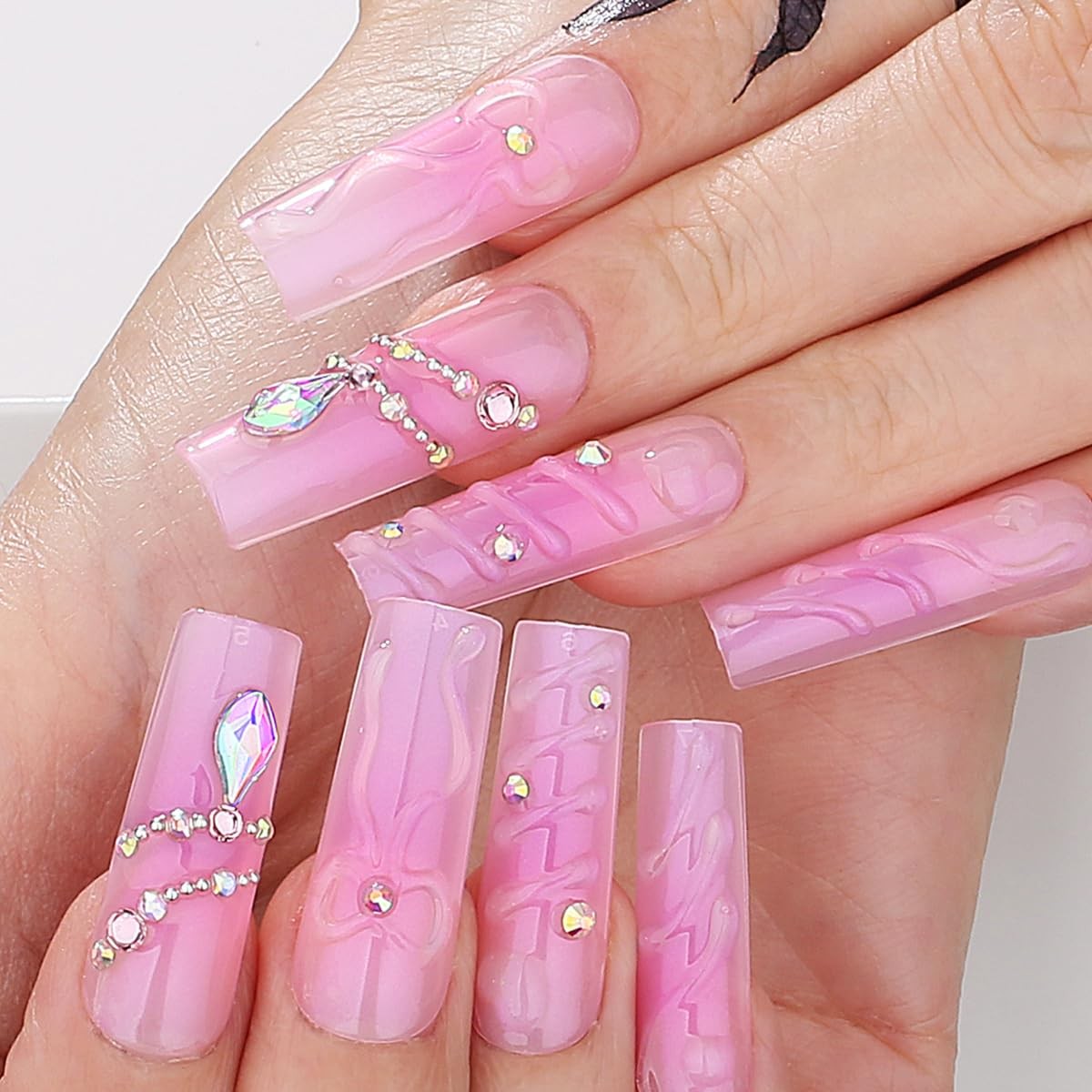 Pink Blush Floral Press On Nails Long Square Fake Nails 3d Gel Elegent Bow Ri…