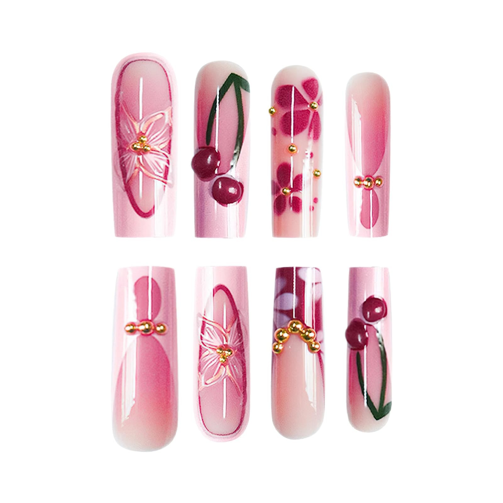 FNKFNK Pink Red French Tip Press on Nails Long Square Fake Nails with Gold Be…