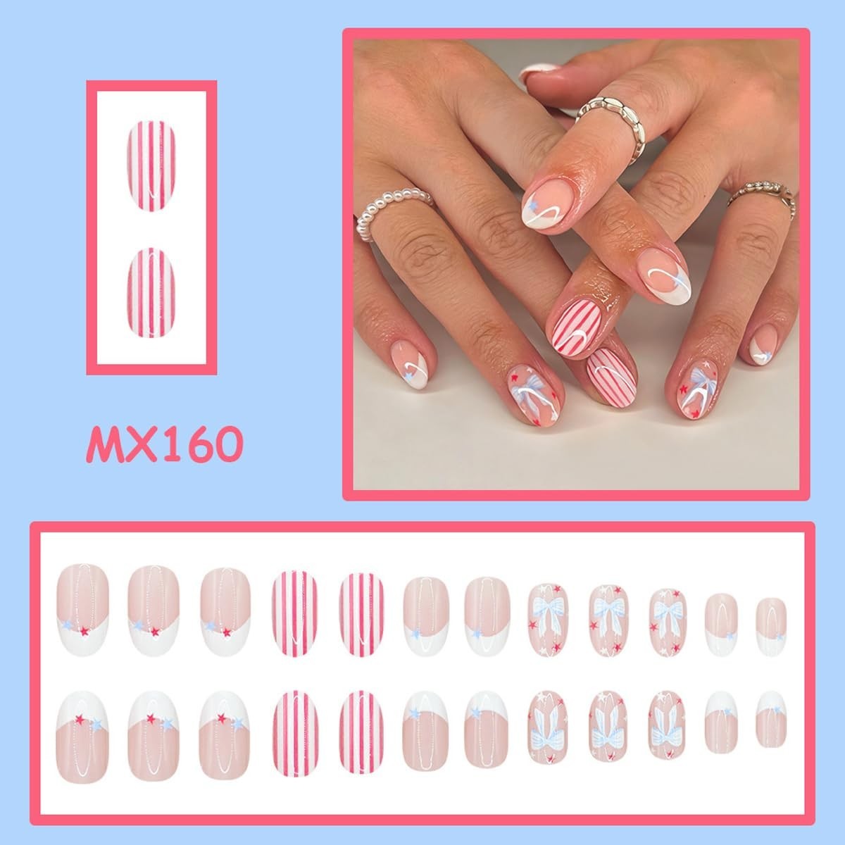 4th of July Press on Nails Short Oval – Red White & Blue French Tip with Stri…