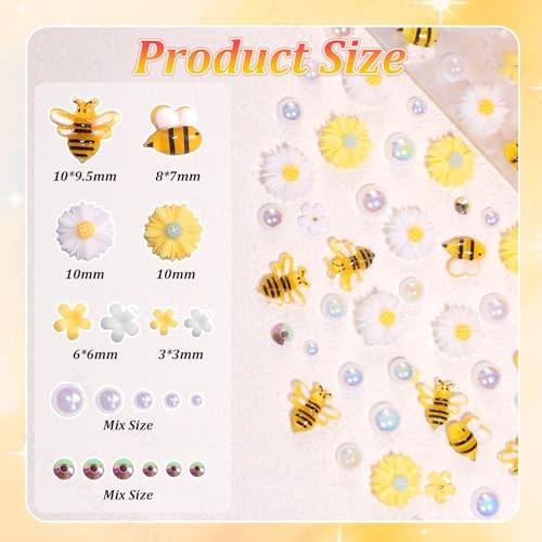 80 Pcs 3D Flower Nail Charms, Cute Bee Daisy Flowers Charms for Acrylic Set-2