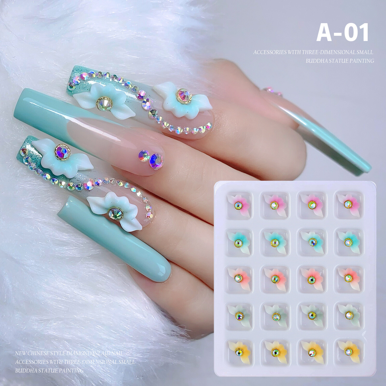 20 Grids 3D Resin Nail Flowers and Rhinestone Set for Nail Art Charms