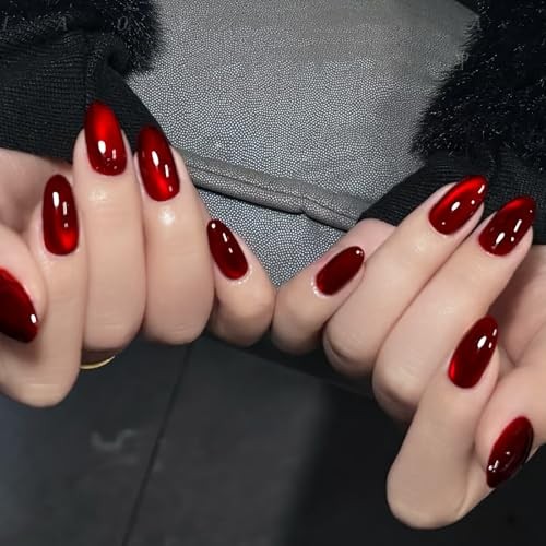 HOSAILY Red Cat Eye Valentines Press on Nails Short Oval, Deep Red Black Cherry
