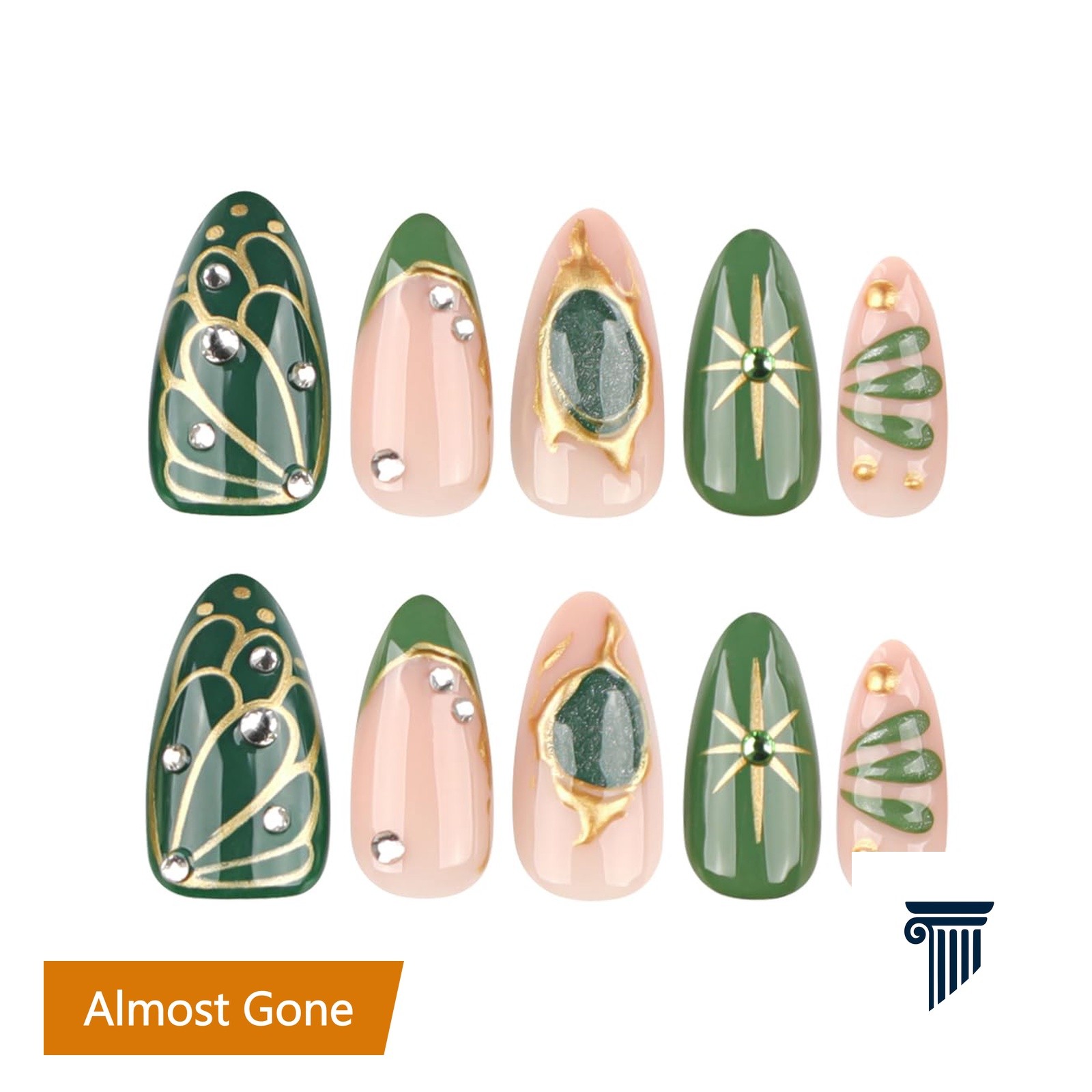 HPYFOI Short Almond Green Gold Press On Nails