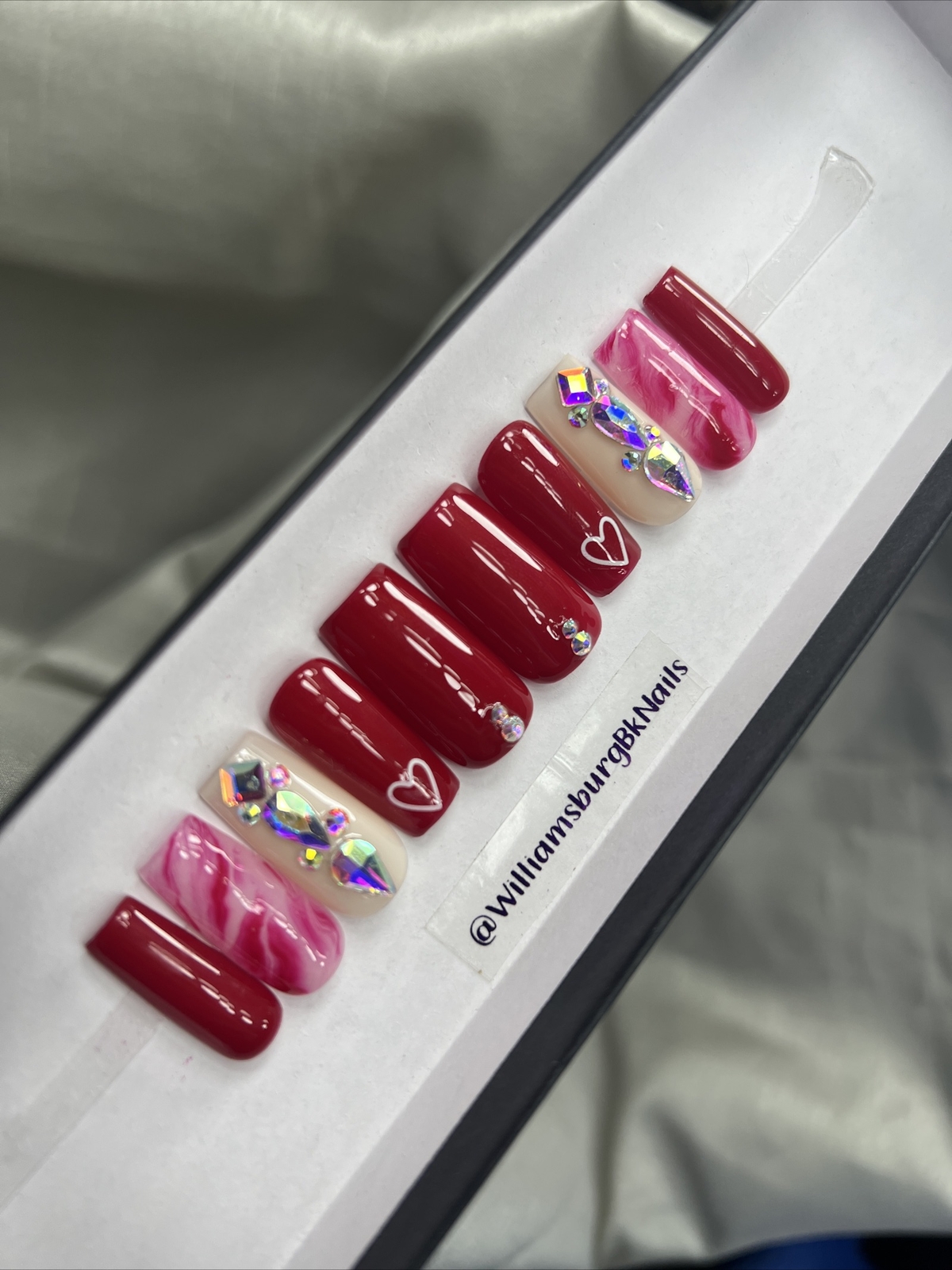 🔥 CUSTOM Gel Press On Nails, RED HEART W BLING 10p FULL SET W Kit