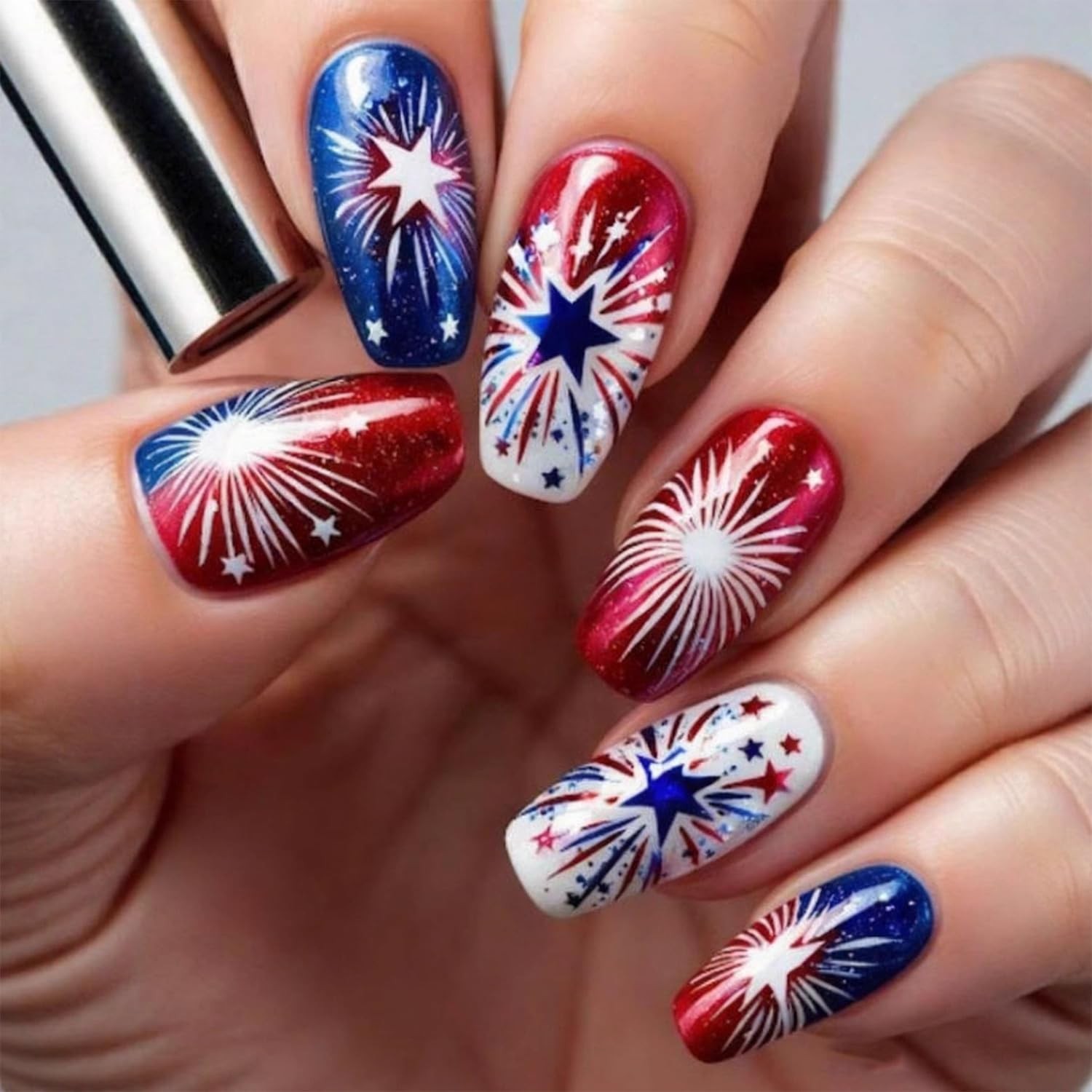 4th of July Press on Nails Ballet Shaped Artificial Acrylic Gradient Firework…