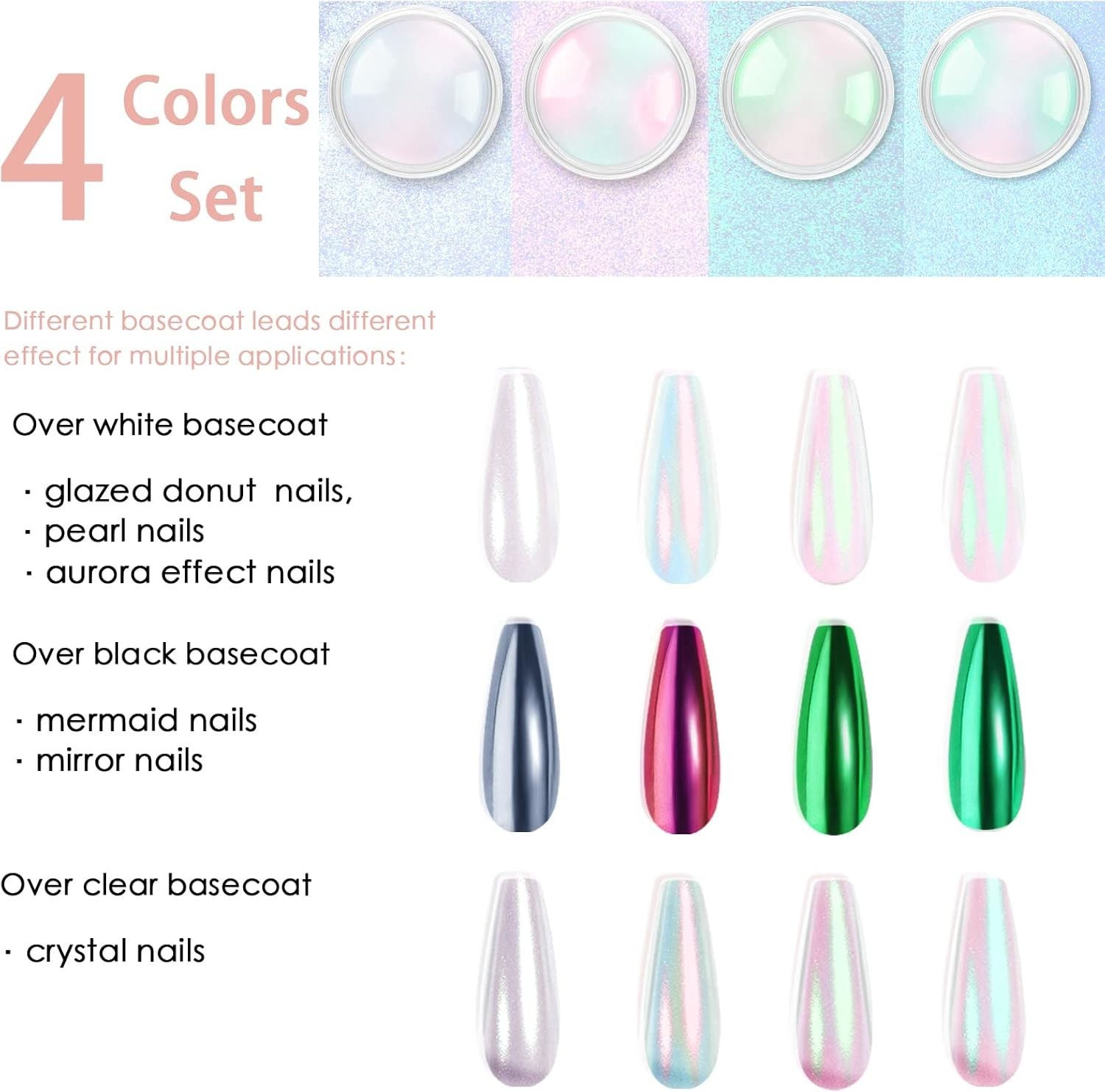 Metallic Mirror Effect Nail Glitter – 4-Piece Mermaid Set with Applicators
