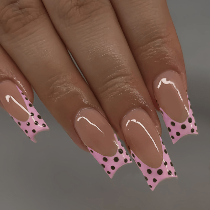 48pc Long Square Handmade Press‑On Nails,Peach Pink French with Black Polka Dots