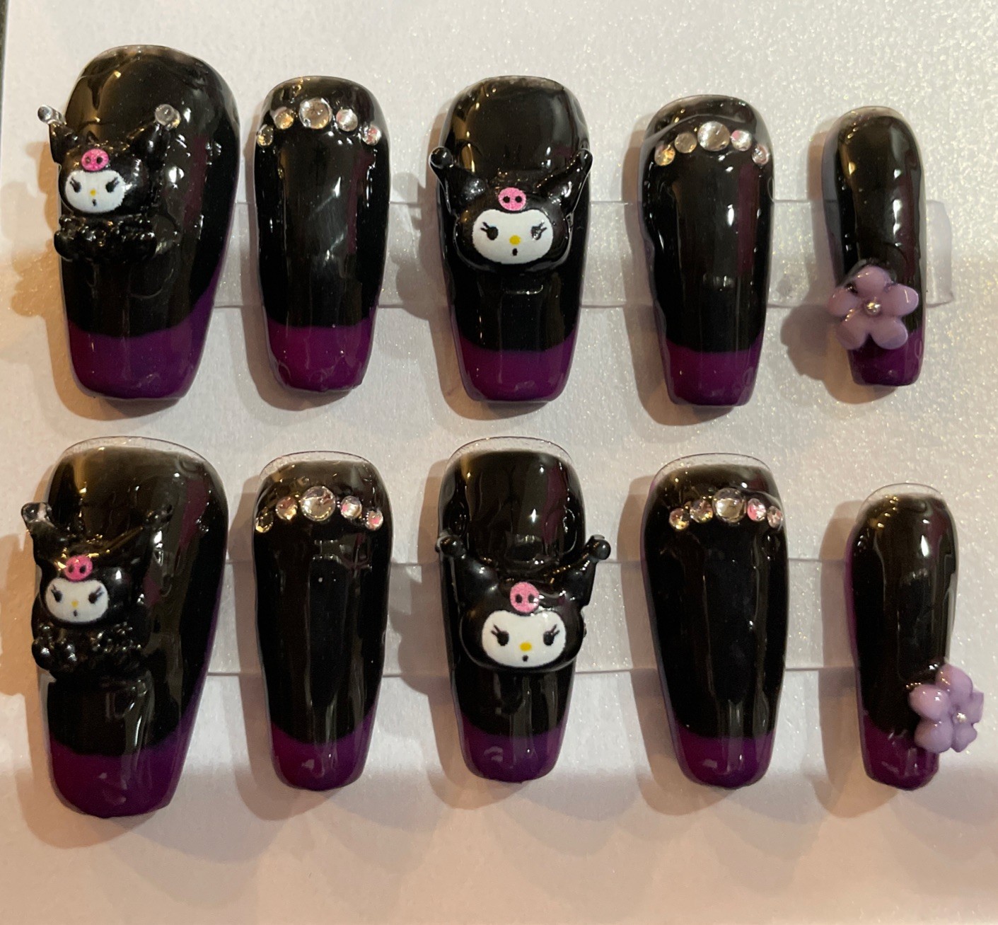 Handmade Press On Nails. Size Medium Coffin Shape+App Kit Kuromi Black/ Purple