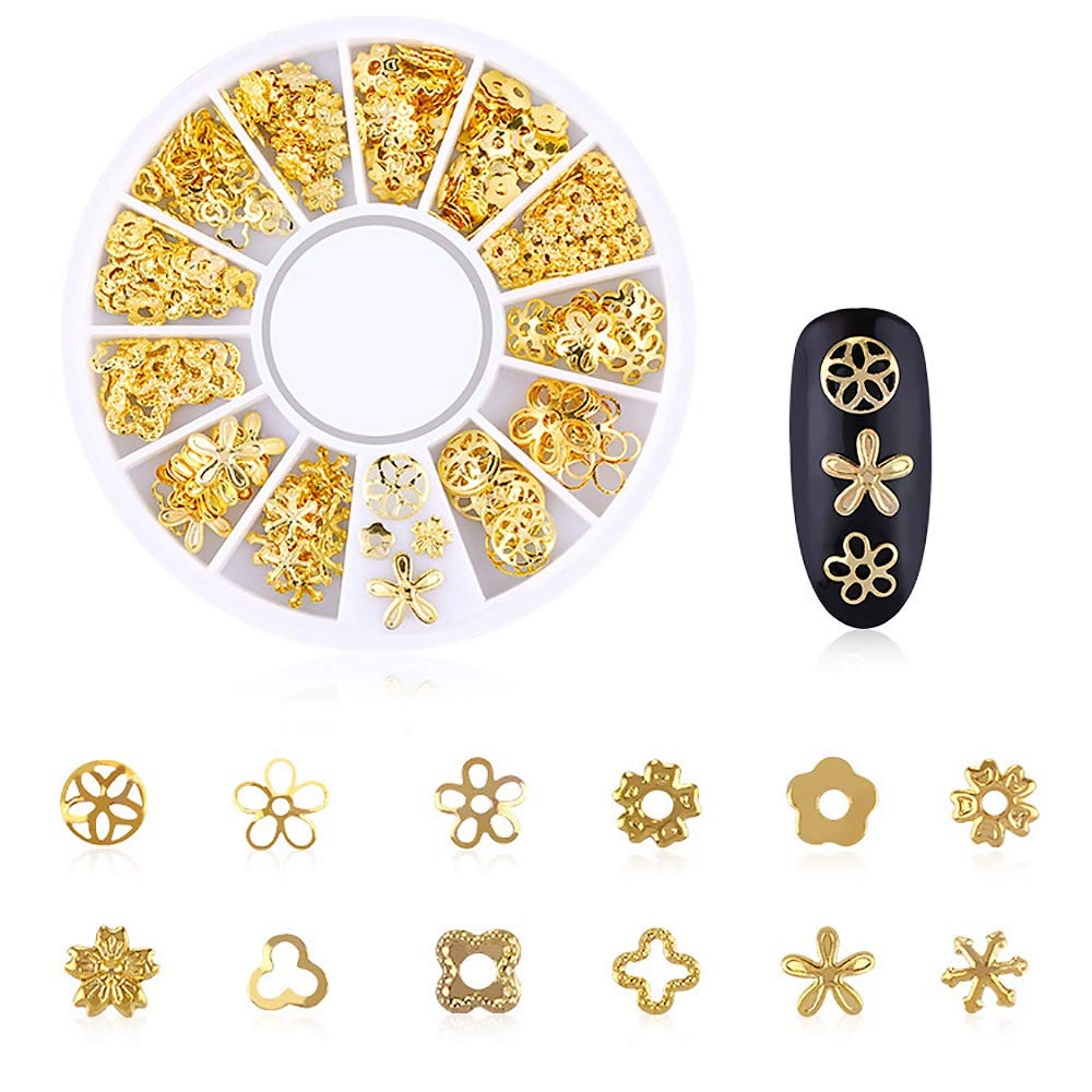 6 Boxes Gold 3D Nail Charms Star Moon Feather Nail Art Studs with Tools