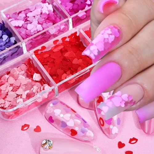 6 Grids Valentines Nail Art Glitter Sequins 3D Red Pink Purple Heart
