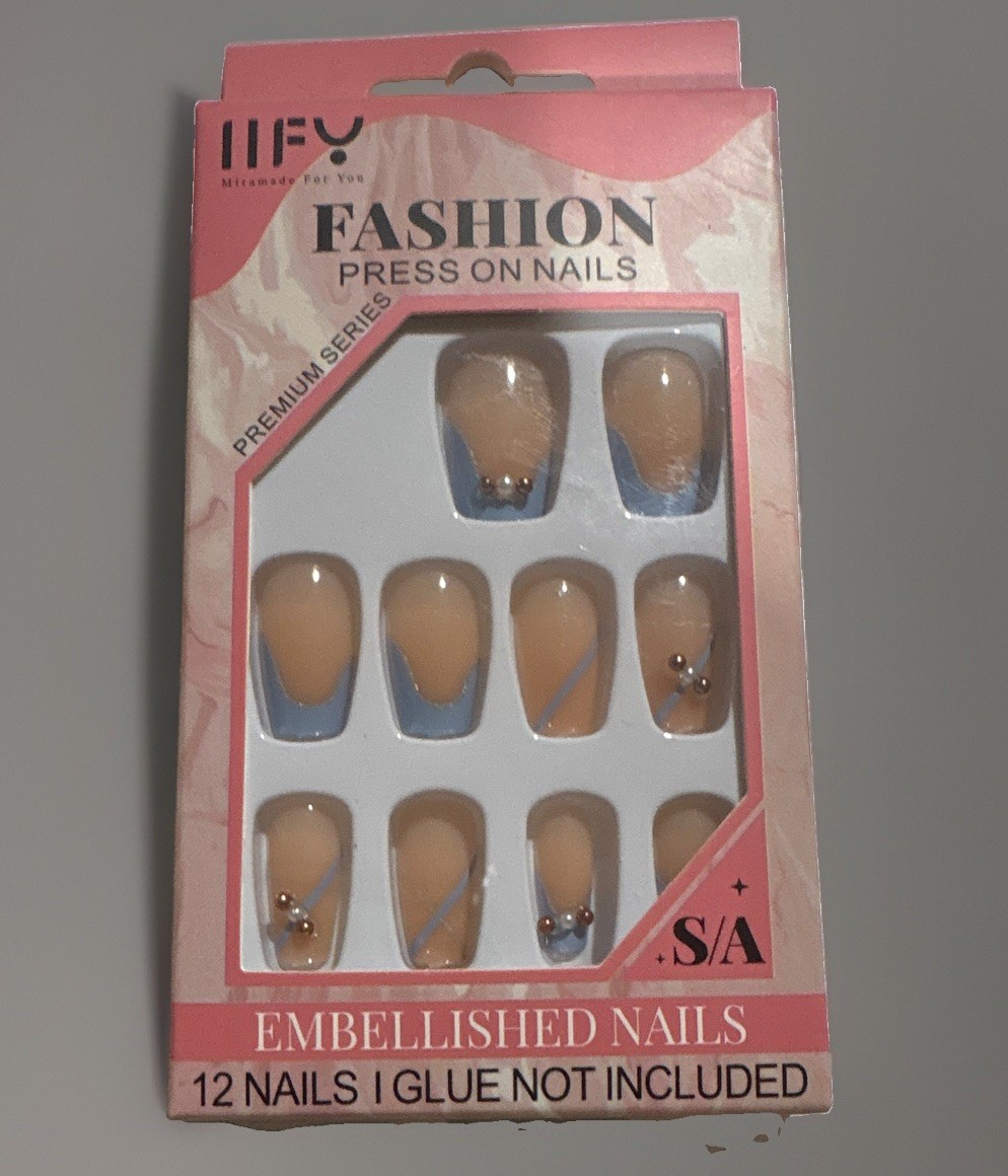 IIFU Press-On Nails Ombre Pink/Blue Pre-Designed Rhinestone Set 12 Nails No Glue