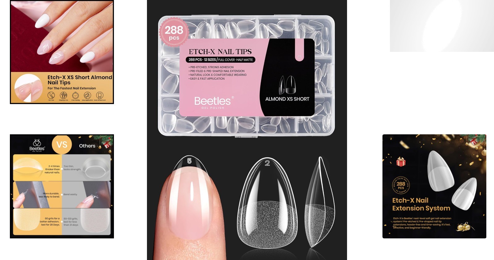 Beetles Almond Nail Tips Set, 288 PCS – Pre-Shaped, No Filing Needed, 12 Sizes