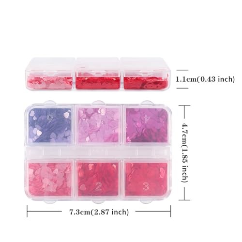 6 Grids Valentines Nail Art Glitter Sequins 3D Red Pink Purple Heart