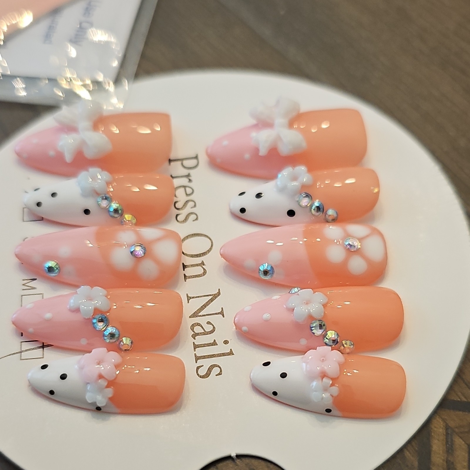 Press-On Nails Large Long Coffin Shiny 3D Floral Pink/Peach/White Set French