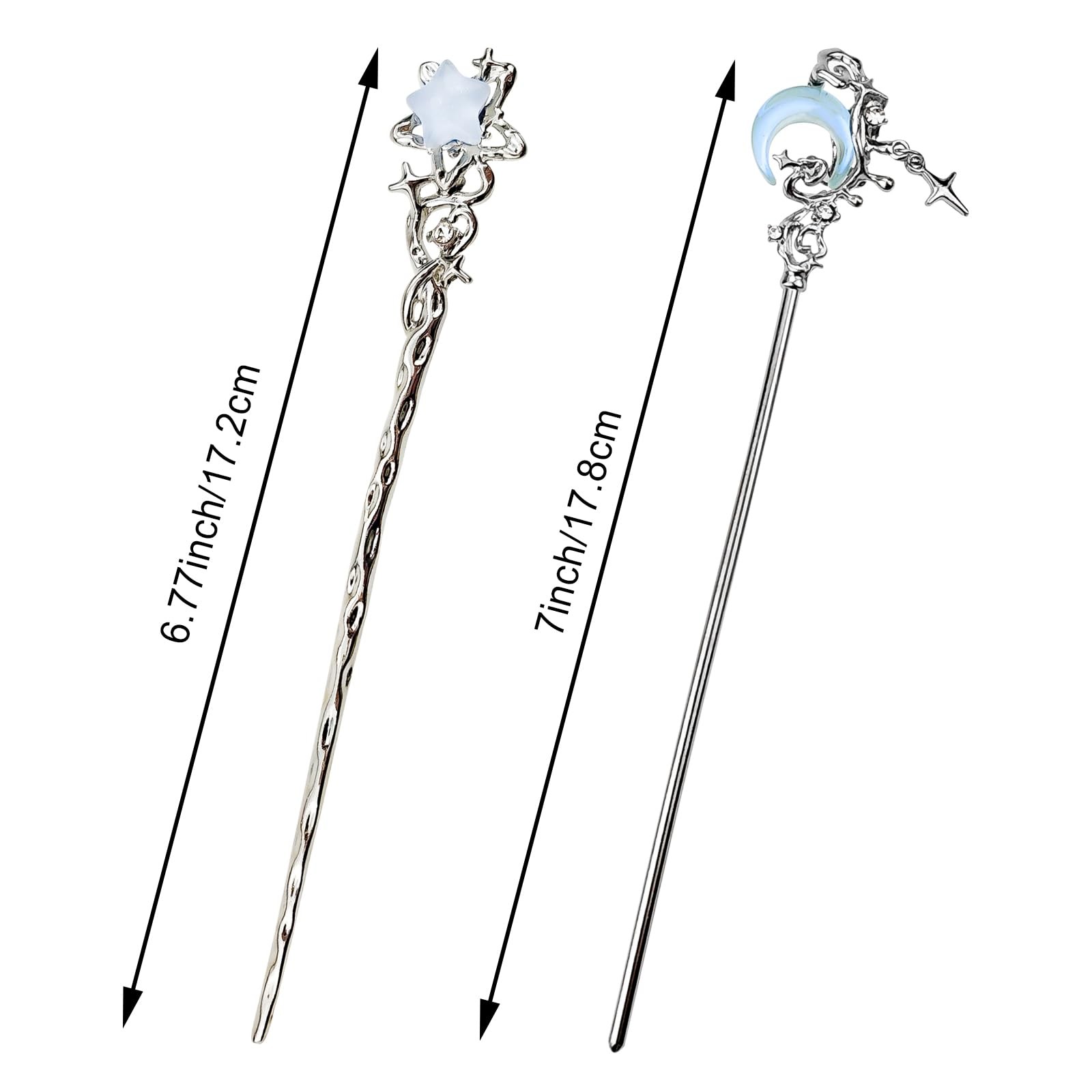 4PCS Star Moon Hair Sticks for Buns Long 1 Count (Pack of 4), Silver