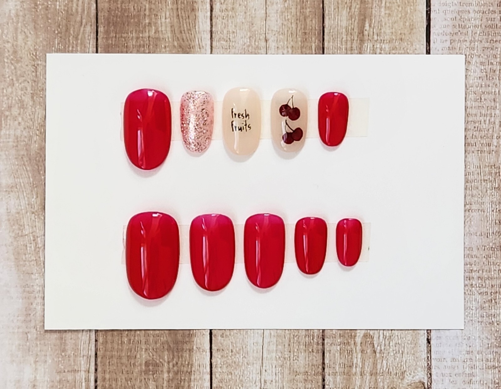 Custom Press On Handmade Gel Nails Red Cherry Accent Oval Short 20 Tips