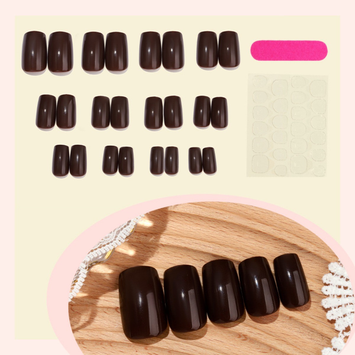48pcs-Fall Season Brown Press On Nails, Medium Coffin Glossy Solid Acrylic Nails
