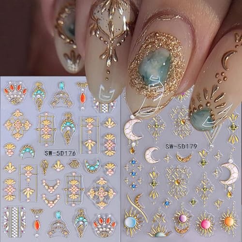2 Sheets Bohemian Style Nail Decals Embossed Star Nail Art Star Nail Stickers