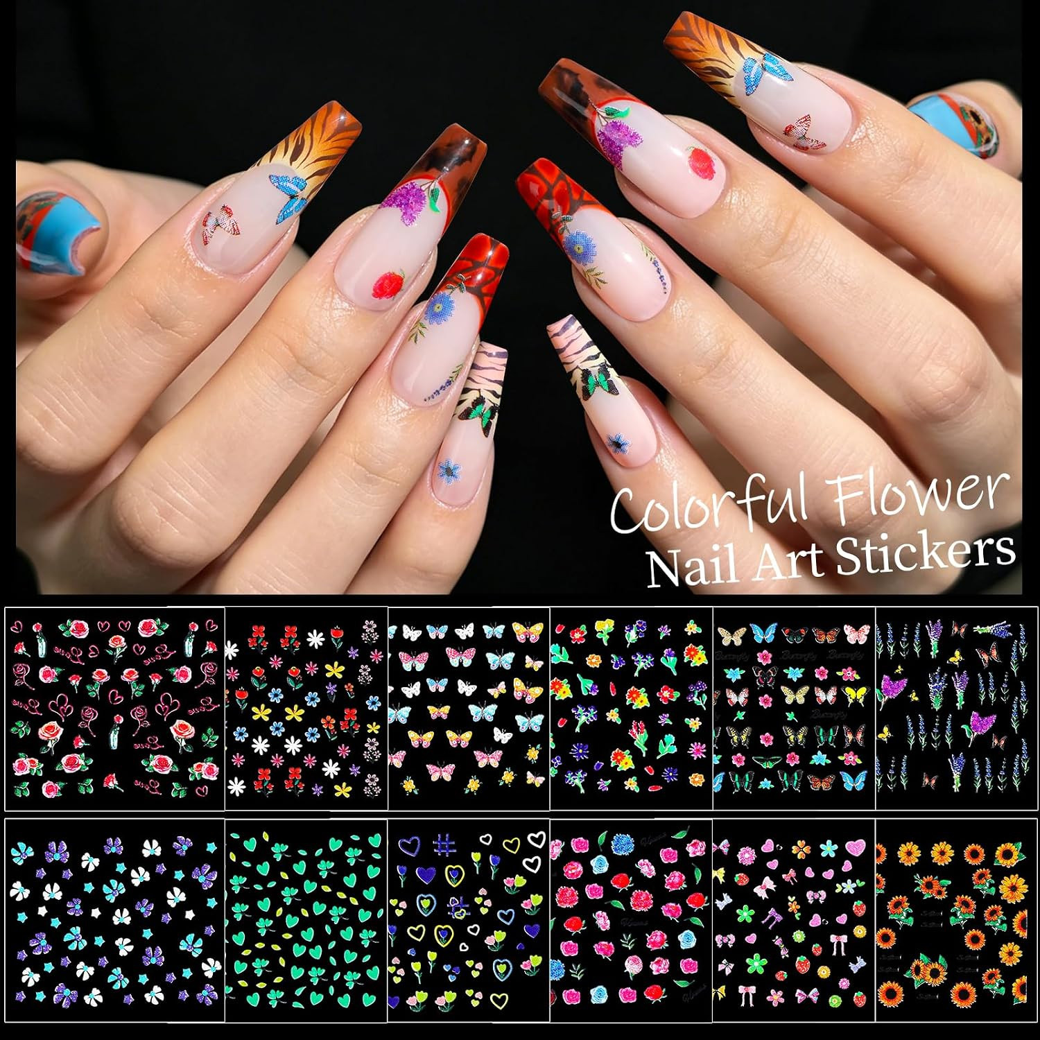 50 Sheets Nail Stickers for Nail Art, Colorful Flower Nail Art Stickers for Kids