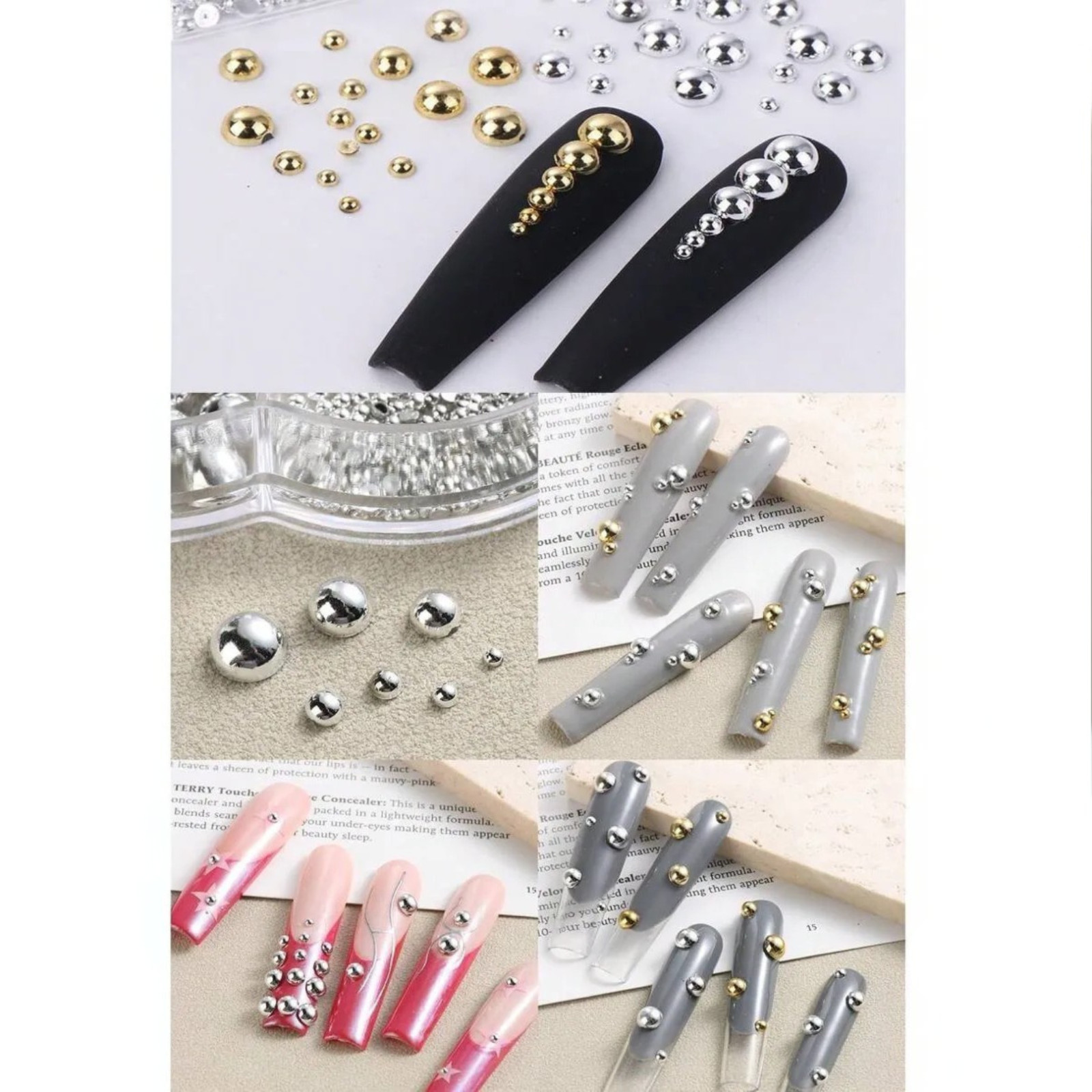 Nail Pearls 12 Grids Half Round Flat-Back Metallic DIY Nail Faux Beads for Women