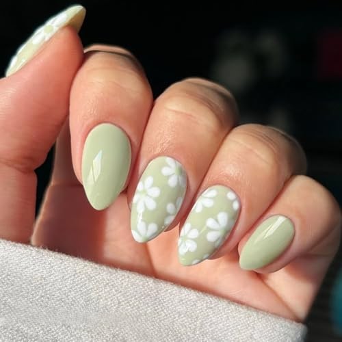 Gel Nail Stickers White Flower Light Green Semi Cured Gel Nail Strips Wraps