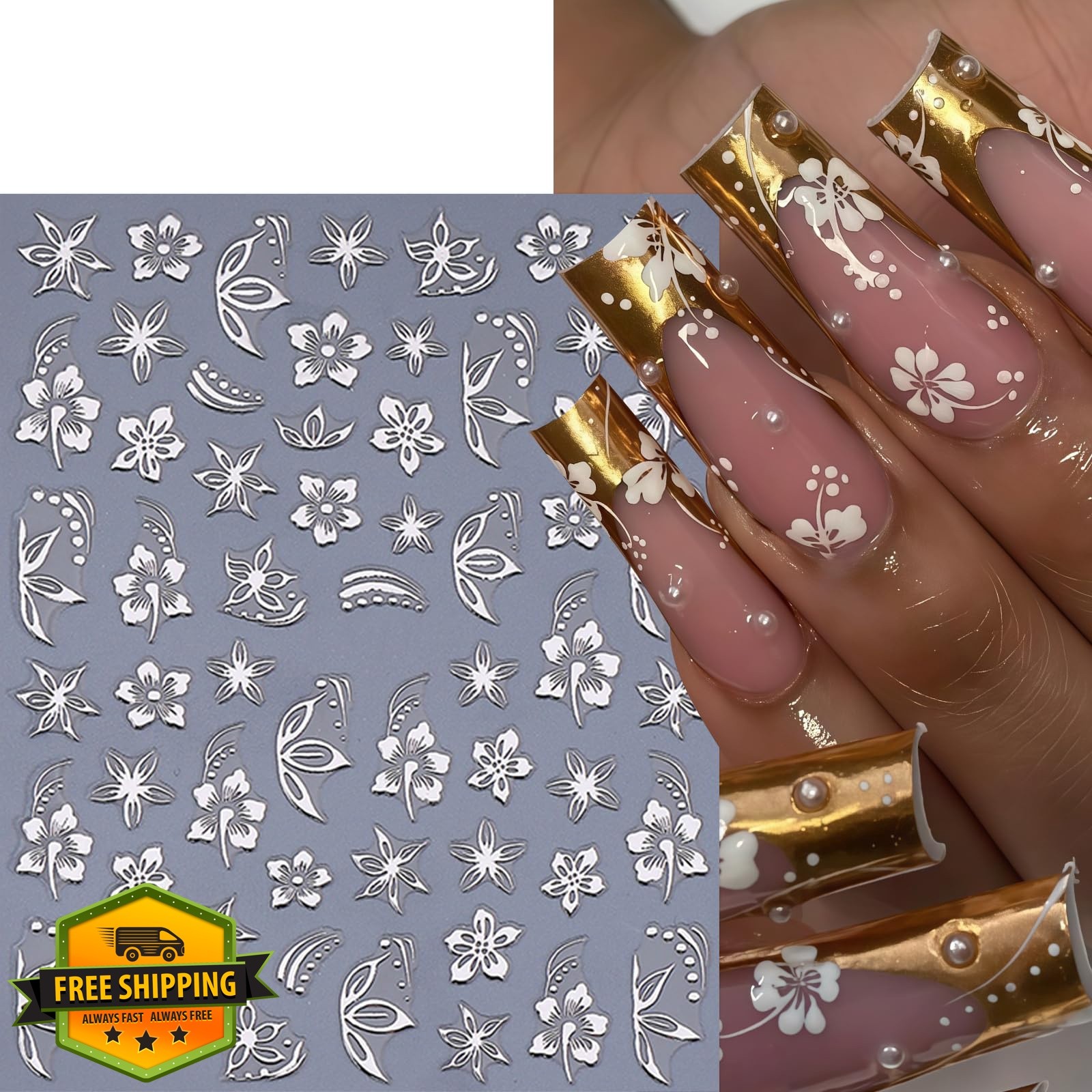 6 Sheets Flower Nail Stickers Hibiscus Nail Decals Gold Silver Black Hibiscus…