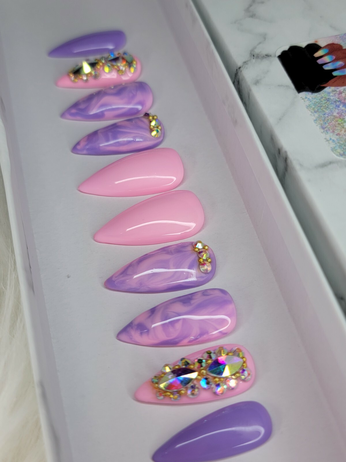 Pink & purple marble bling press on nails stiletto watercolor spring pastel nail