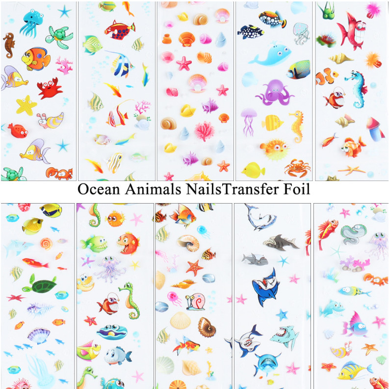 10pcs Ocean Shark Fish Star Turtle Nail Art Film Foil Transfer Decals SW7105