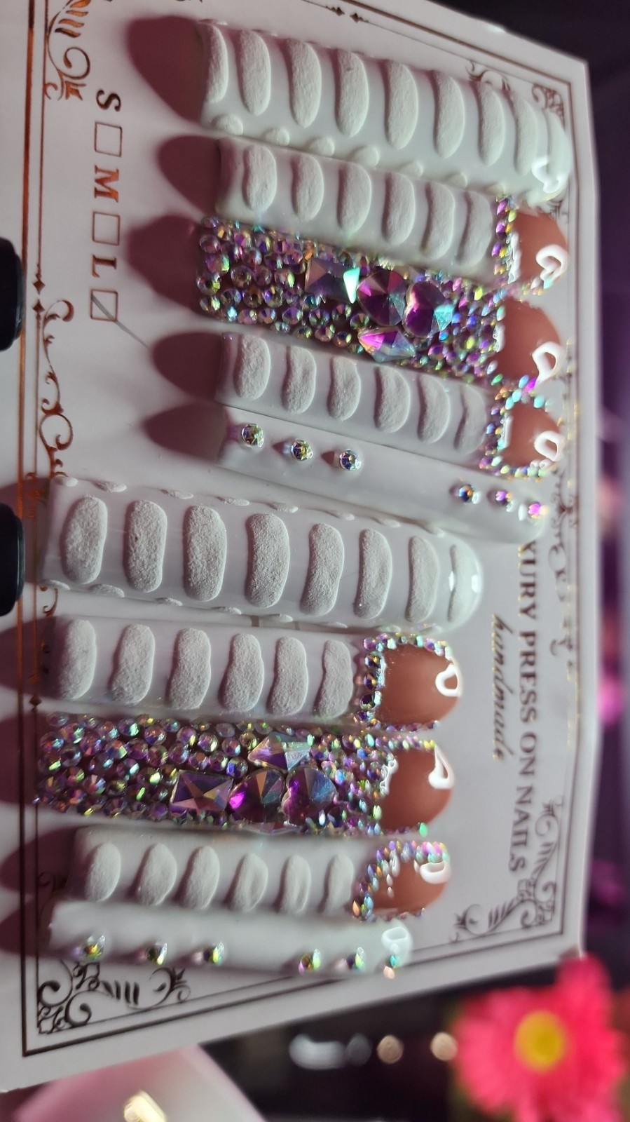 Large Size Super Long White Bling 10 Pc Handmade Press-on Nail Set