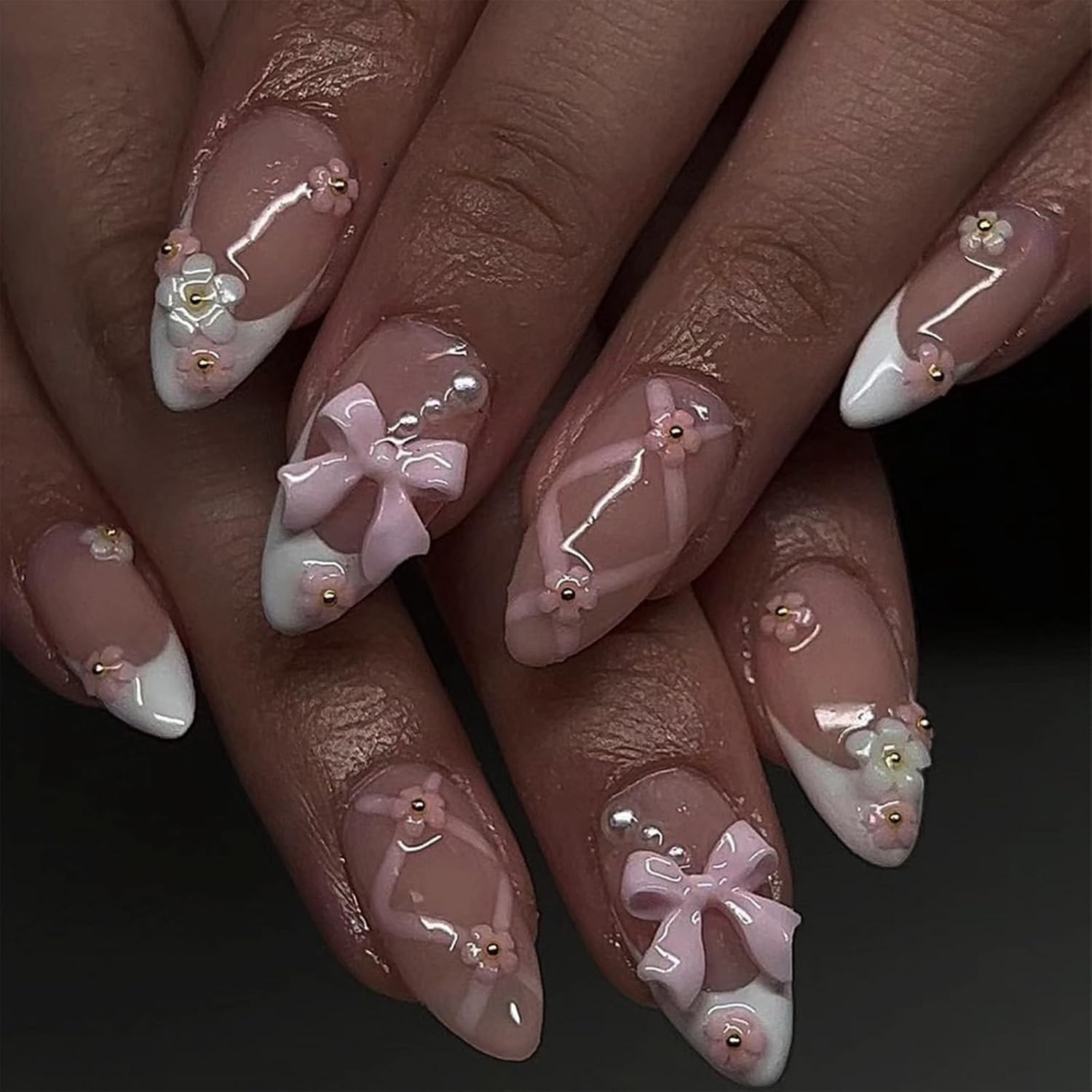 24Pcs Chrome Almond Press On Nails Medium Glossy Fake Nails with Glue Tabs