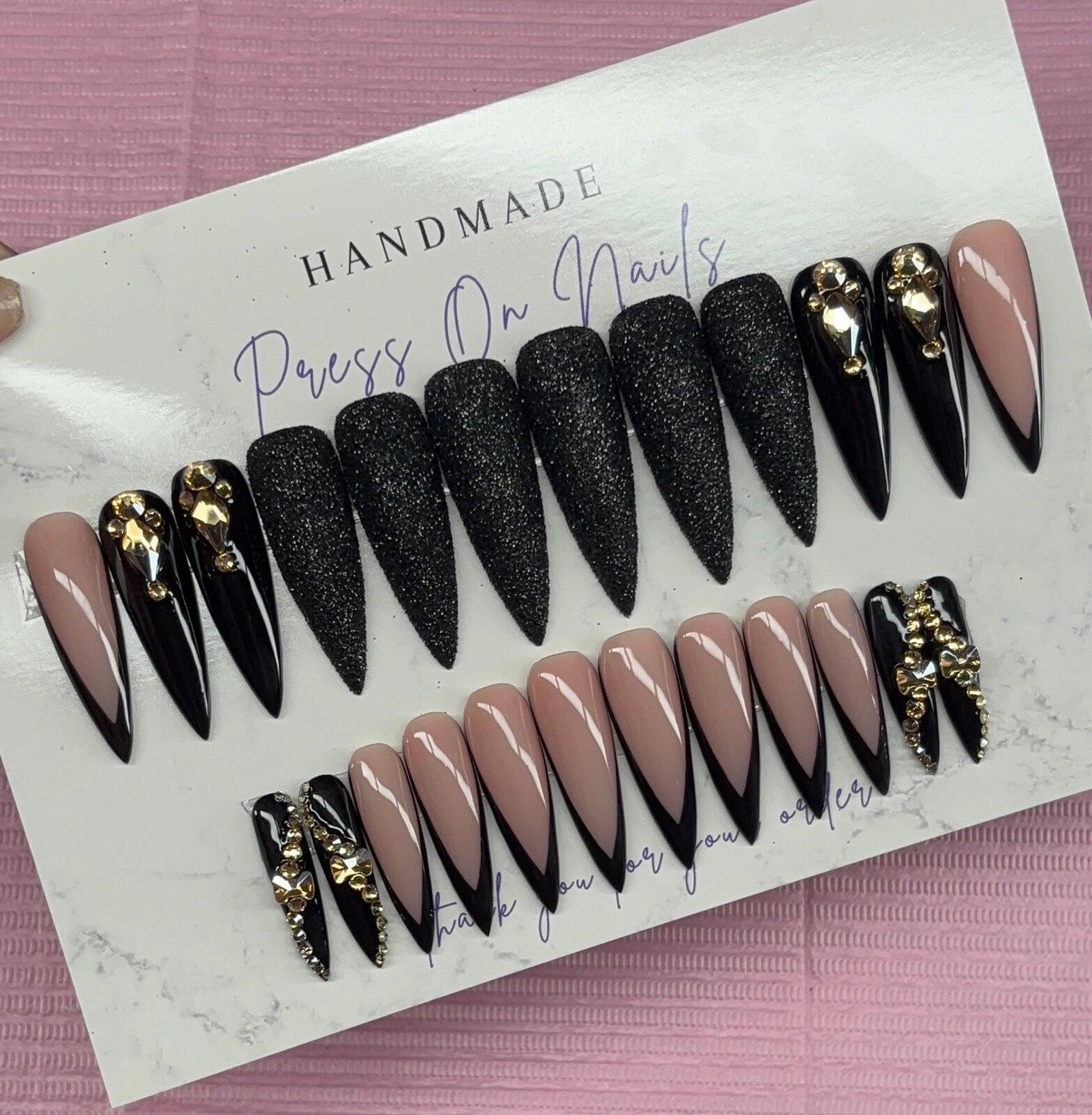 Extra long stiletto press on nails black deep v French tip rhinestones glitter