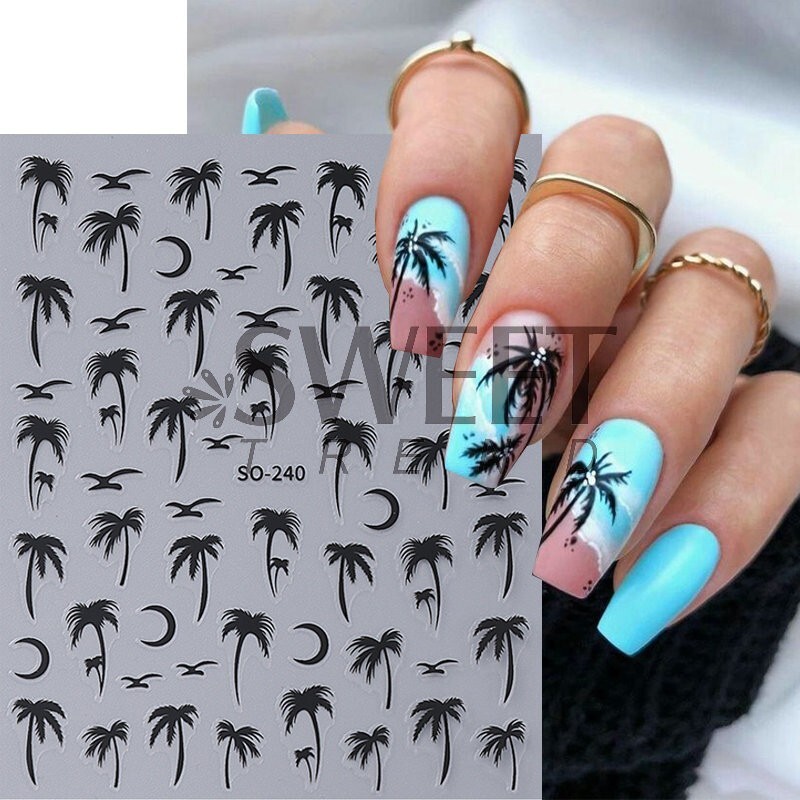 4Sheets Summer Beach Nail Art Stickers Palm Coconut Tree Birds Moon SO240 NH28