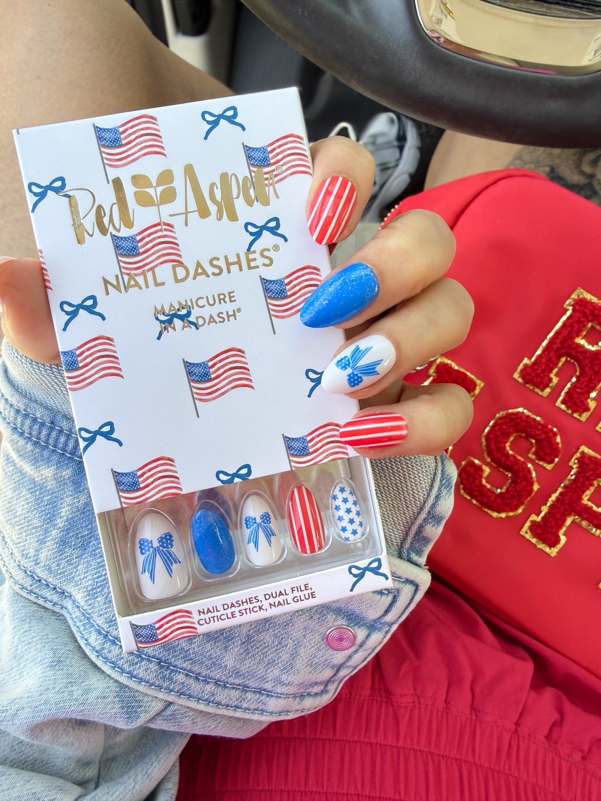 Red Aspen Press On Nails~ Ash Medium Almond Glitter Design NWT July 4th