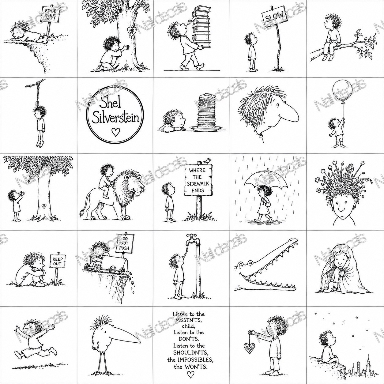 Shel Silverstein Finger Nail Decals Clear Waterslide Transfer Set of 50 +