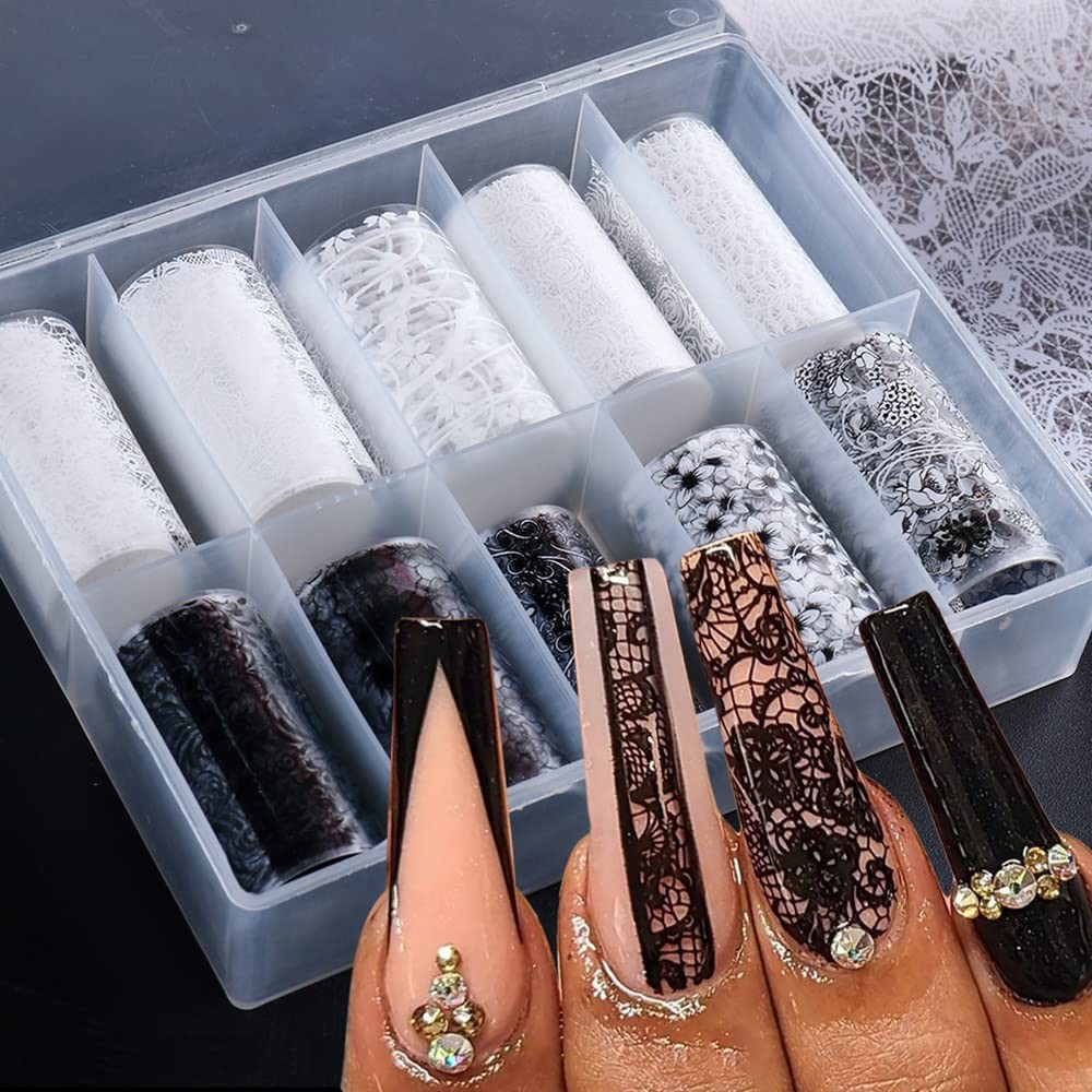Lace Nail Art Foil Transfer Stickers Black White Flower Foil Transfers Decals…