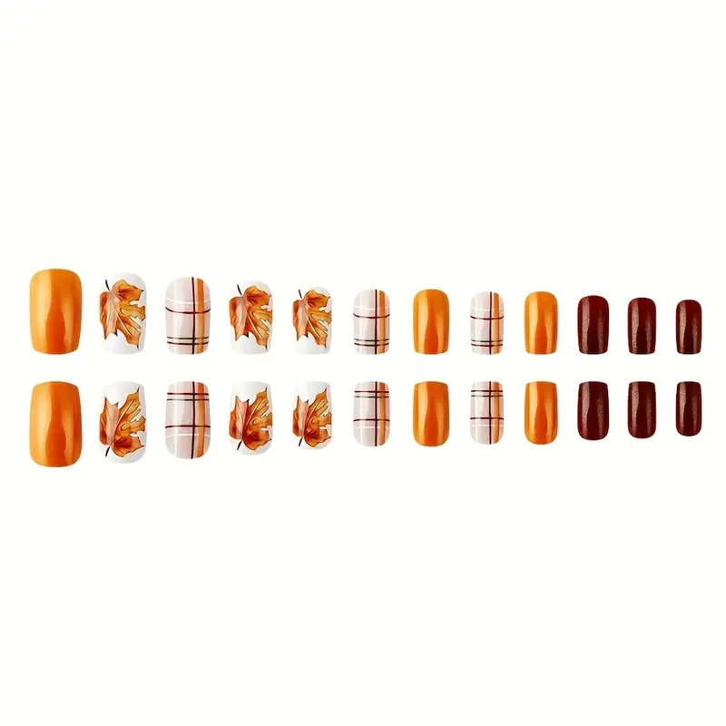 24pcs Glossy Medium, Square Press-On Nails, Autumn Maple Leaf, Thanksgiving