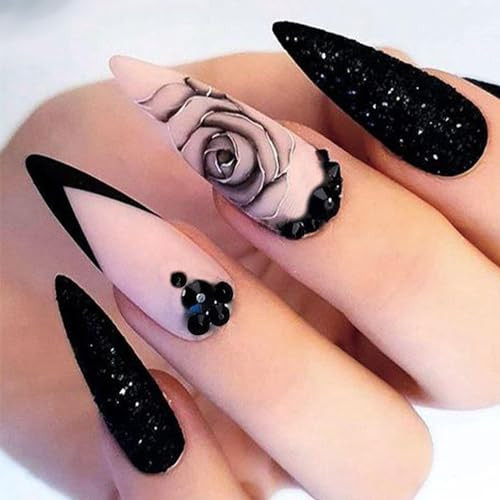 Black Press on Nails Stiletto Short Medium Fake Nails with Flower Glitter
