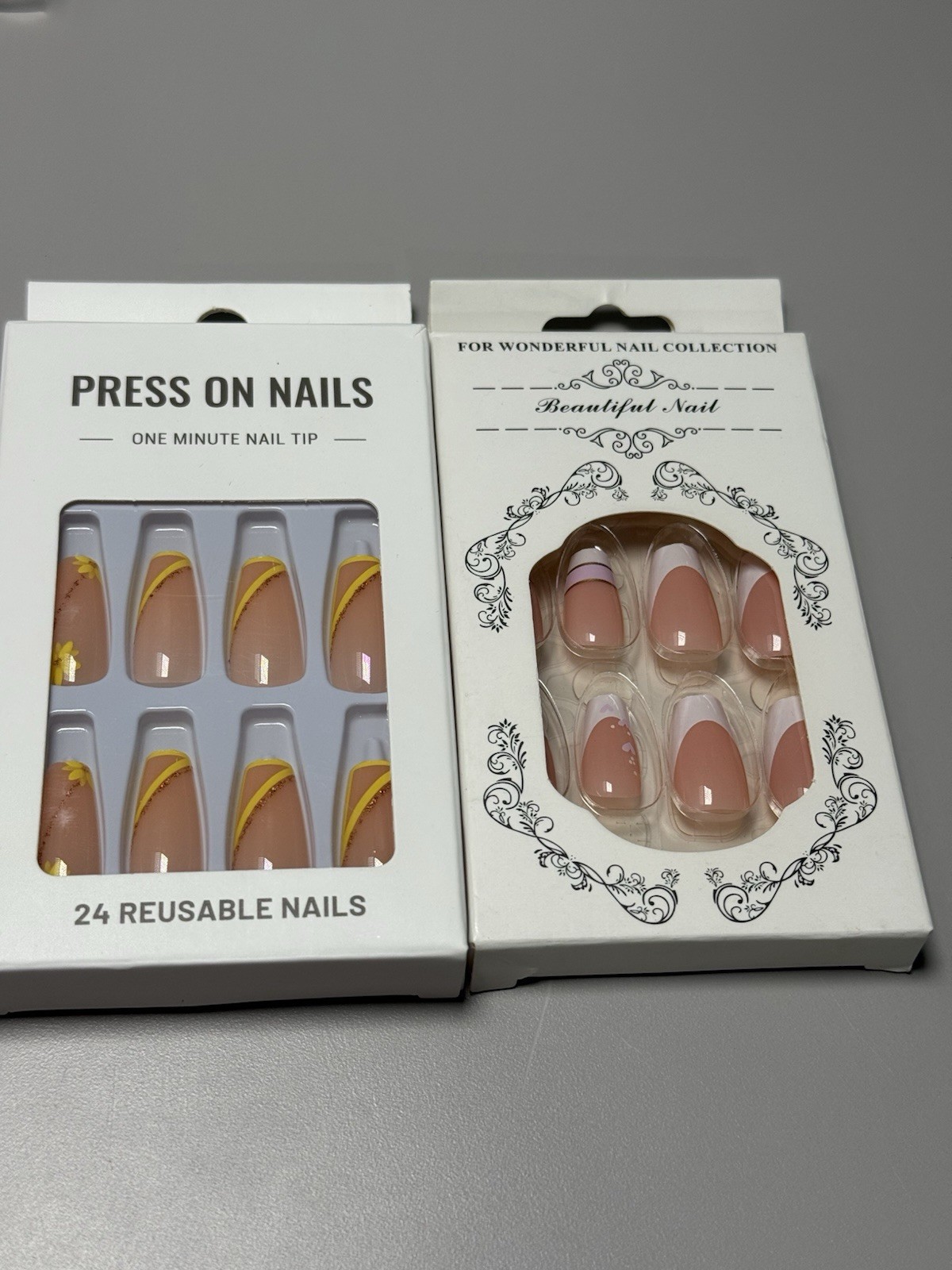 SET OF 2 Yellow Floral French Tip Press On Nails | Nude Pink Coffin Nails