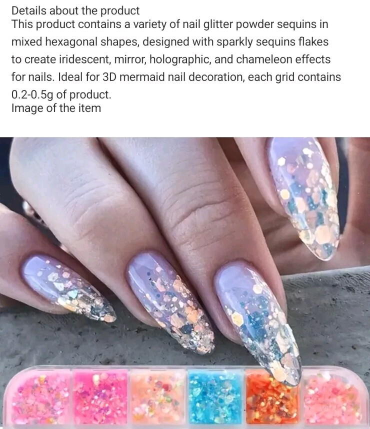 FULL BEAUTY 12 Grids Hexagonal Nail Glitter Flakes, Hypoallergenic Sparkly
