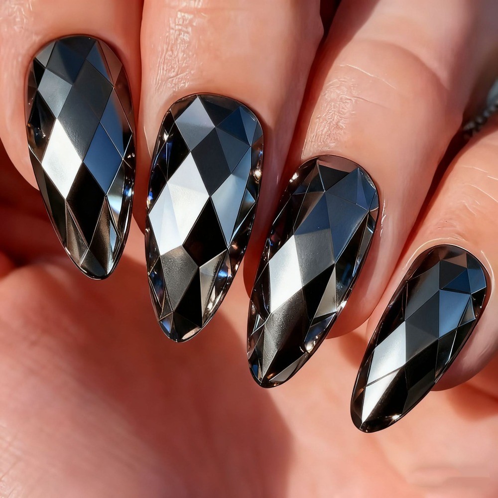24pcs 3D Rhombus Press-On Nails, Electroplated Almond Fake Tips for Women