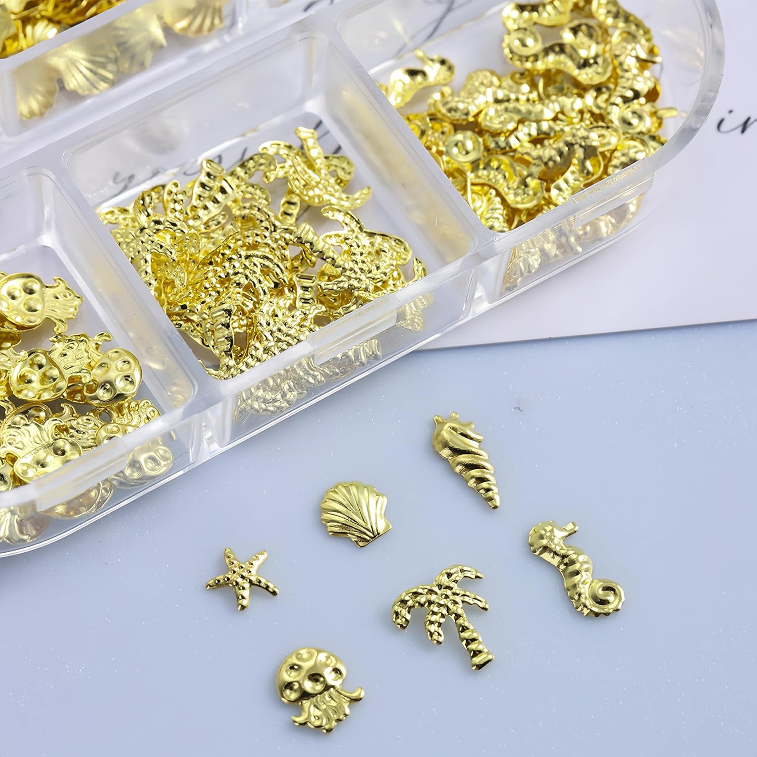 2 Boxes Summer Gold Silver Seashell Seahorse Nail Charms 3D Beach Nail Charms Se