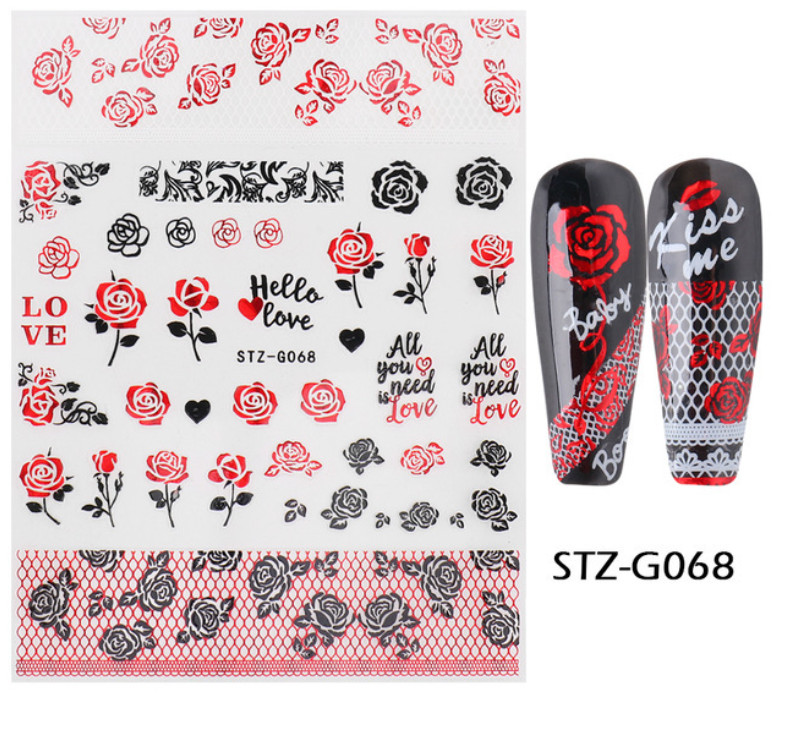 3D Nail Art Stickers Red Black Rose Flower Lace Heart Kiss Valentine Bride NH23