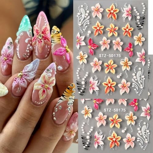 Flower Nail Stickers 3D Self-Adhesive Embossed Pink Floral Nail Colorful Flower