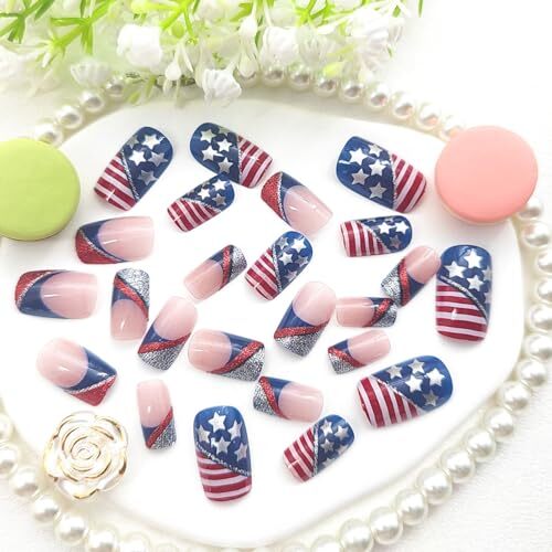 4th of July Press on Nails Medium Square 4th of July & Stars Silver Red Glitter