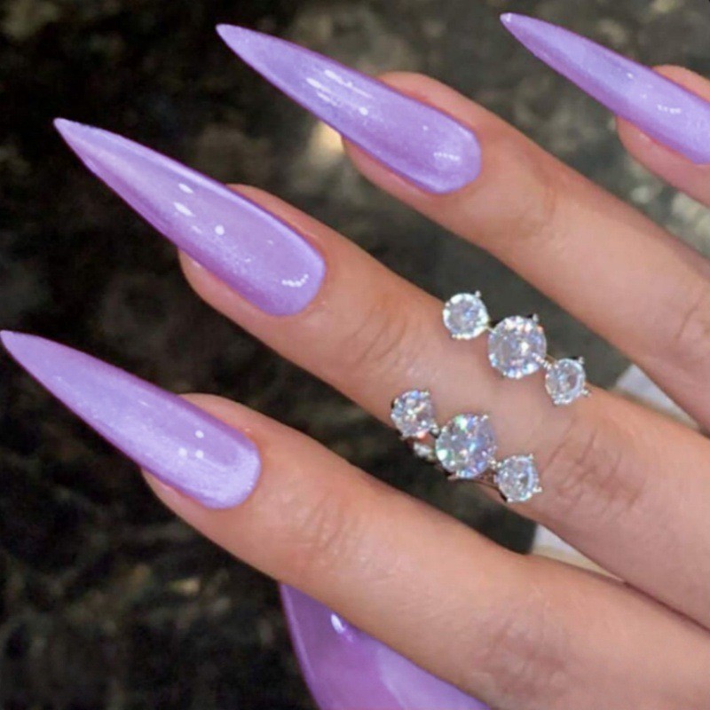 60Pcs Light Purple Press on Nails, Long Stiletto Glossy Shiny Fake Nails